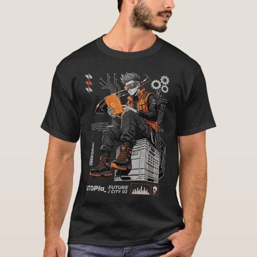ユートピア未来都市サイバーパンク知識探求者アート Tシャツ (正面)
