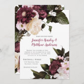 ユーフォリア赤面ピンク&ブルゴーニュ結婚フローラ 招待状 (正面/裏面)
