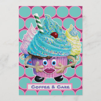 ユーモアあふれるカジュアルな友達・家族 ケーキとコーヒー 招待状