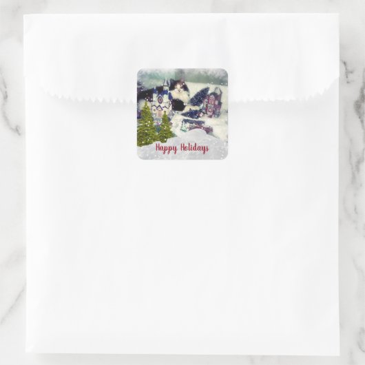 ユーモアあふれるクリスマスのカリコ猫テンプレート スクエアシール (バッグ)