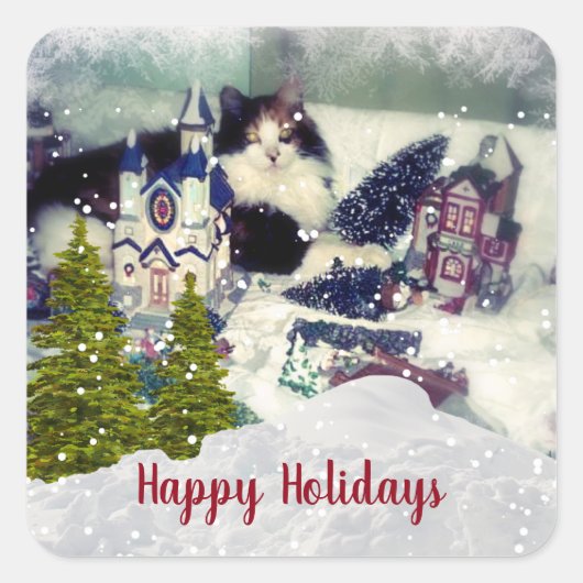 ユーモアあふれるクリスマスのカリコ猫テンプレート スクエアシール