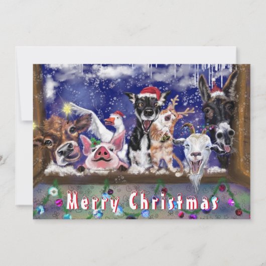 ユーモアあふれるクリスマスカード 楽しい農場の動物パーティ (正面)