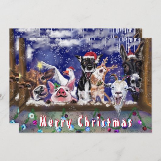 ユーモアあふれるクリスマスカード 楽しい農場の動物パーティ (正面/裏面)