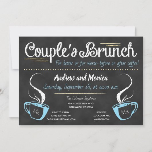ユーモアあふれるコーヒーチョークボードカップルシャワーの招待状 招待状 (正面)