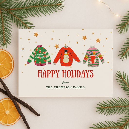 ユーモアあふれるダサいクリスマススウェーターのホリデーカード シーズンカード