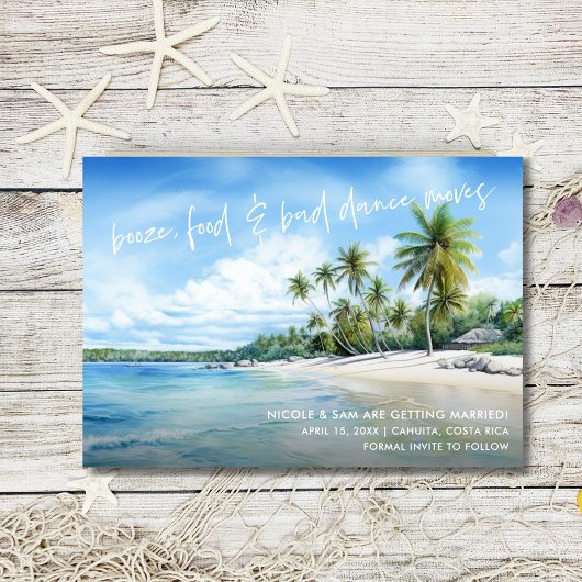ユーモアあふれるビーチウェディングの写真を使った結婚式のお知らせ セーブザデート