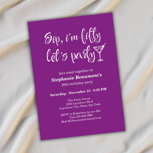 ユーモアあふれるモダンな「五十歳の誕生日おめでとう」女性向けパーティー招待状 招待状
