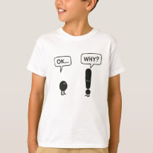 ユーモアあふれる子供用Tシャツ「OK...なんで?」ミニマリスト風カートゥーン