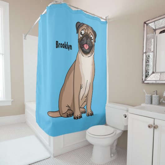 ユーモアあふれる幸せなパグ犬の漫画イラスト シャワーカーテン (インサイチュ)