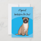 ユーモアあふれる幸せなパグ犬の漫画イラスト 招待状 (裏面)