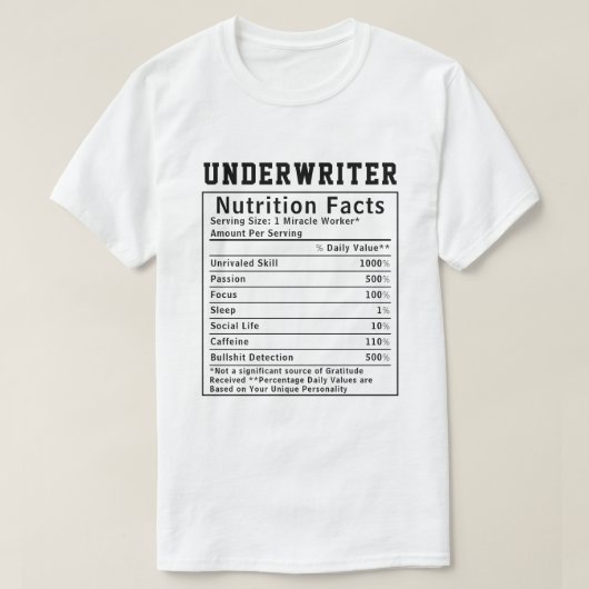 ユーモアあふれる引受人向け栄養成分表示 金融ギフト Tシャツ (デザイン正面)