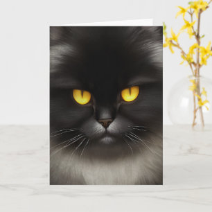 ユーモアあふれる怒ったフワフワ黒ペルシャ猫の顔 カード