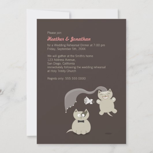ユーモアあふれる漫画風の猫の結婚式リハーサル招待状 招待状 (裏面)
