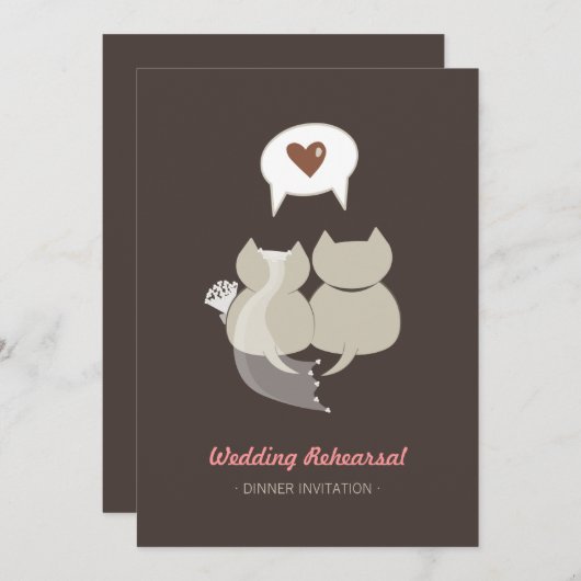 ユーモアあふれる漫画風の猫の結婚式リハーサル招待状 招待状 (正面/裏面)