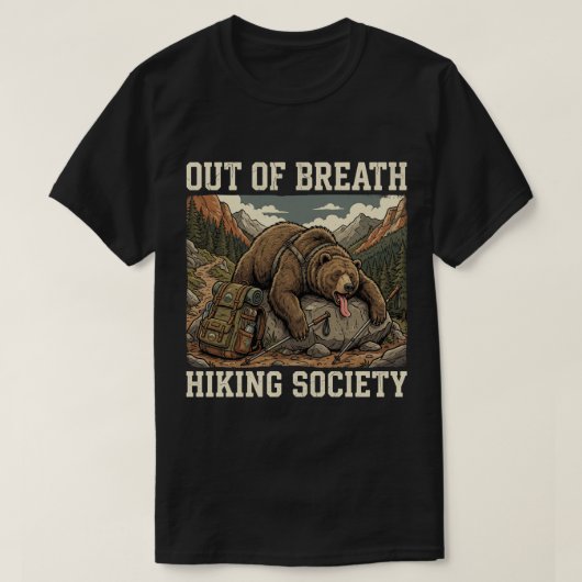 ユーモアあふれる熊のハイキング アウトドアアドベンチャー Tシャツ (デザイン正面)