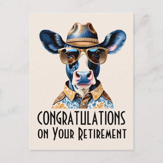 ユーモアあふれる牛のカウボーイ　引退おめでとうございます ポストカード (正面)