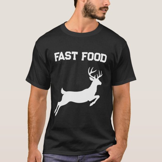 ユーモアあふれる狩猟ファストフード躍動するシカ Tシャツ (正面)