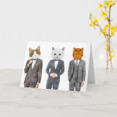 ユーモアあふれる猫 ビジネススーツの猫たち グリーティングカード (黄色い花)