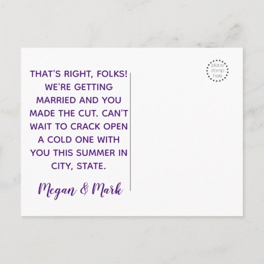 ユーモアあふれる現代的なビールをテーマにした結婚式の案内はがき 案内ポストカード (裏面)