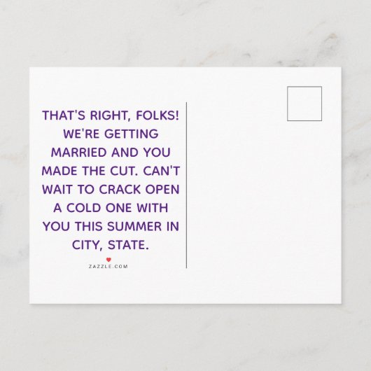 ユーモアあふれる現代的なビールをテーマにしたSave the Date 案内ポストカード (裏面)