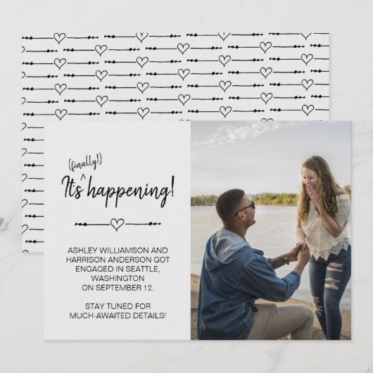 ユーモアあふれる現代的な写真でついに婚約が実現 結婚の報告 招待状 (正面/裏面)