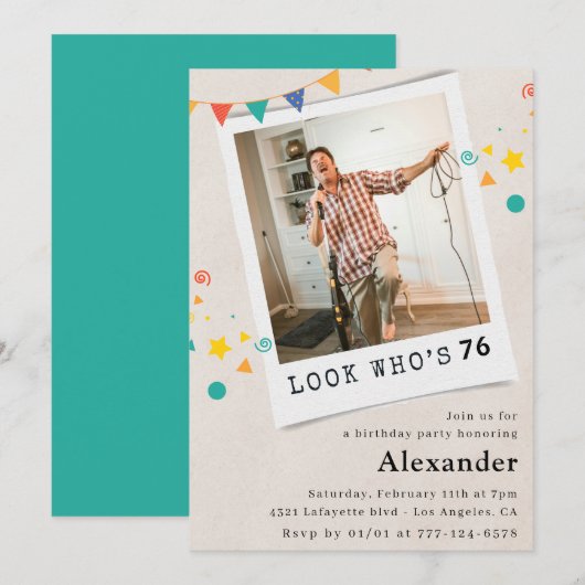ユーモアあふれる男性の76歳誕生日招待状 面白い写真 招待状 (正面/裏面)