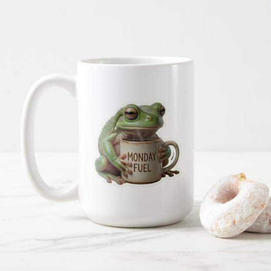 ユーモアあふれる眠そうなカエルがコーヒーを飲む月曜日の活力 コーヒーマグカップ (ドーナツ)