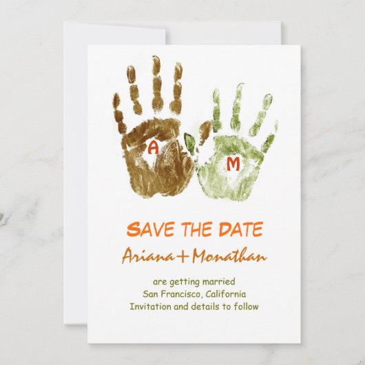 ユーモアあふれる結婚式のSave the Date招待状に最適な手のデザイン 招待状 (正面)