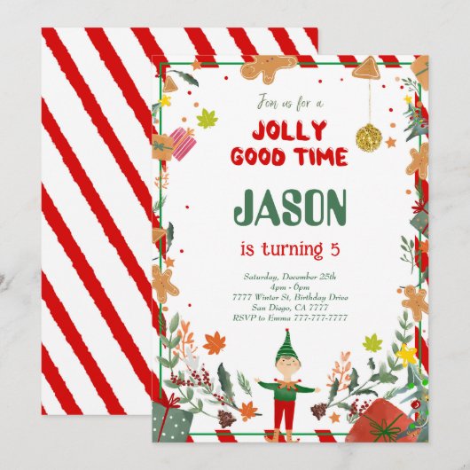 ユーモアあふれる緑と赤のエルフの誕生日パーティー 招待状 (正面/裏面)