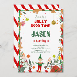 ユーモアあふれる緑と赤のエルフの誕生日パーティー 招待状