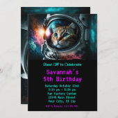ユーモアあふれる銀河宇宙猫宇宙飛行士誕生日パーティー 招待状 (正面/裏面)