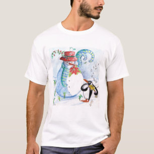 ユーモアあふれる雪だるまとペンギンの冬のセレナーデ Tシャツ