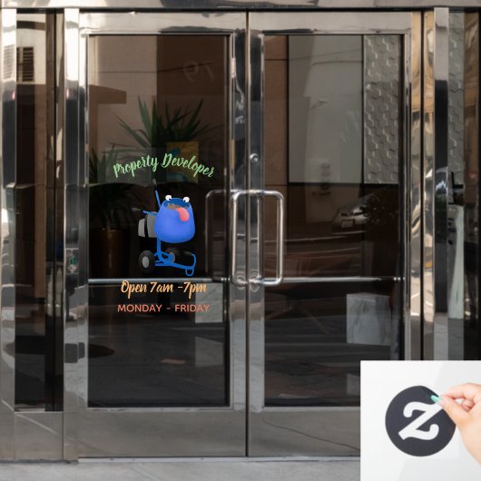 ユーモアあふれる青いセメントミキサーの漫画イラスト ウィンドウサイン (オフィスドア)