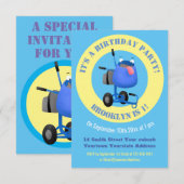 ユーモアあふれる青いセメントミキサーの漫画イラスト 招待状 (正面/裏面)