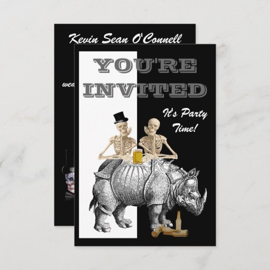 ユーモアあふれる骸骨とサイ 招待状 (正面/裏面)