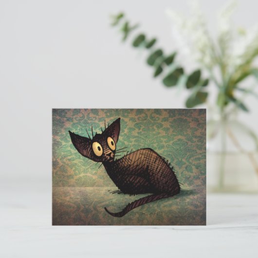ユーモアあふれる黒のオリエンタル猫 ダマスク子猫 アート ポストカード (スタンド正面)