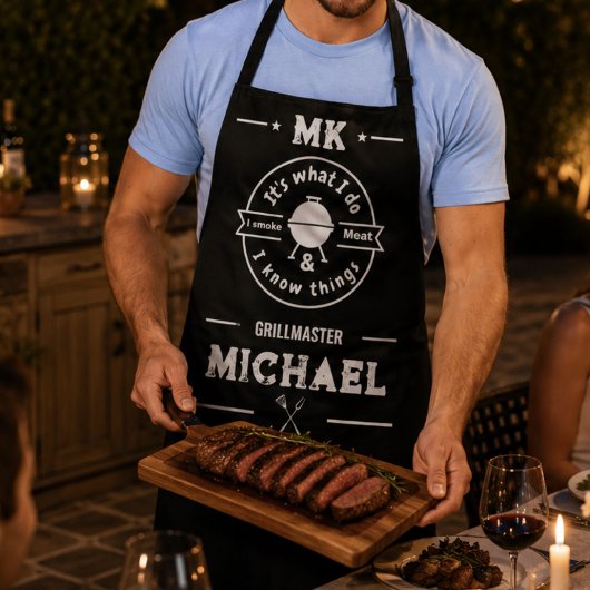ユーモアあふれる「これが俺のやること。肉を燻して、色々知ってる」デザイン エプロン