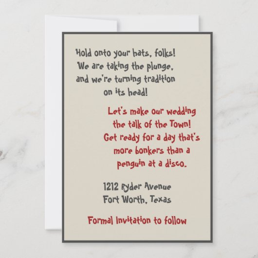 ユーモアあふれる カートゥーンフォト 結婚式 Save the Date 招待状 (裏面)