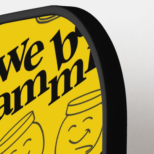 ユーモアあふれる「ジャムってるね」笑顔のダンス ジャム瓶 ピックルボールラケット (左詳細)