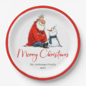 ユーモアあふれる 個性的な 水彩画のサンタ クリスマス プレート (正面)
