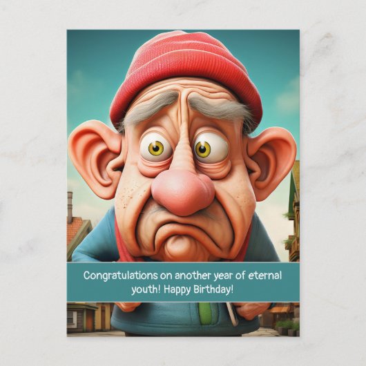 ユーモアあふれる 永遠の若さの節目 誕生日 ポストカード (正面)