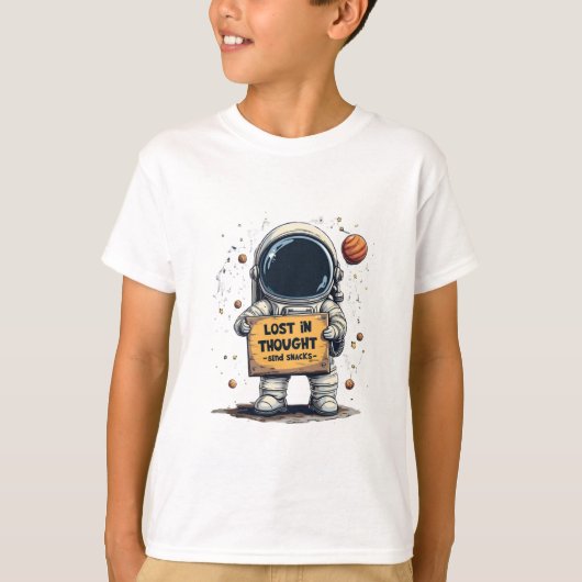 ユーモアあふれる 考え事をする宇宙飛行士のスペースイラスト Tシャツ (正面)