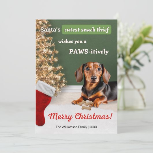 ユーモアおもしろいキュートなソーセージ犬のダッシュントのクリスマス シーズンカード (スタンド正面)