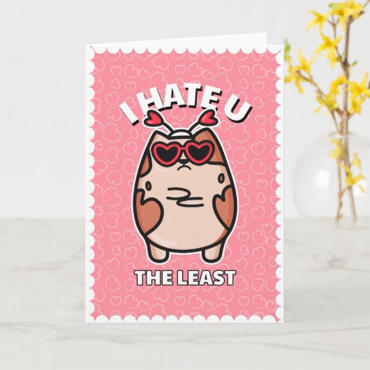 ユーモアおもしろい猫アンチ – バレンタインデーのピンクハート カード (黄色い花)