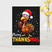 ユーモアたっぷりな感謝祭 ターキーのサンタ帽 カード (黄色い花)