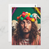 ユーモアたっぷりのイエスと羊たちによるカラフルな誕生日パーティー ポストカード (正面/裏面)