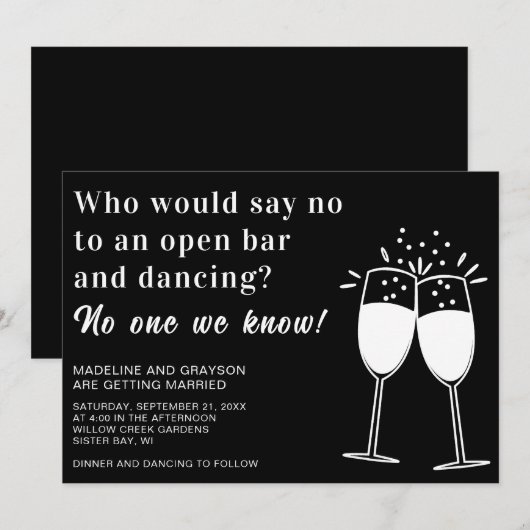 ユーモアたっぷりのオープンバー ダンス カジュアル ウェディング招待状 招待状 (正面/裏面)