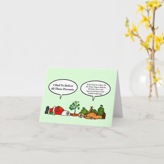 ユーモアたっぷりのクリスマスカード 疲れ果てたサンタとゴミ収集人 カード (黄色い花)