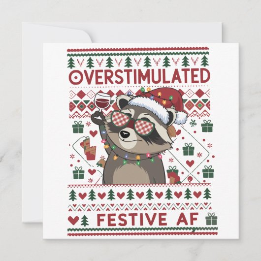 ユーモアたっぷりのクリスマス　刺激過多で祭り好きなアライグマ シーズンカード (正面)