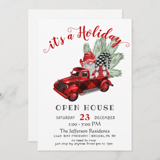 ユーモアたっぷりのサンタノームのクリスマスホリデーオープンハウス 招待状 (正面/裏面)